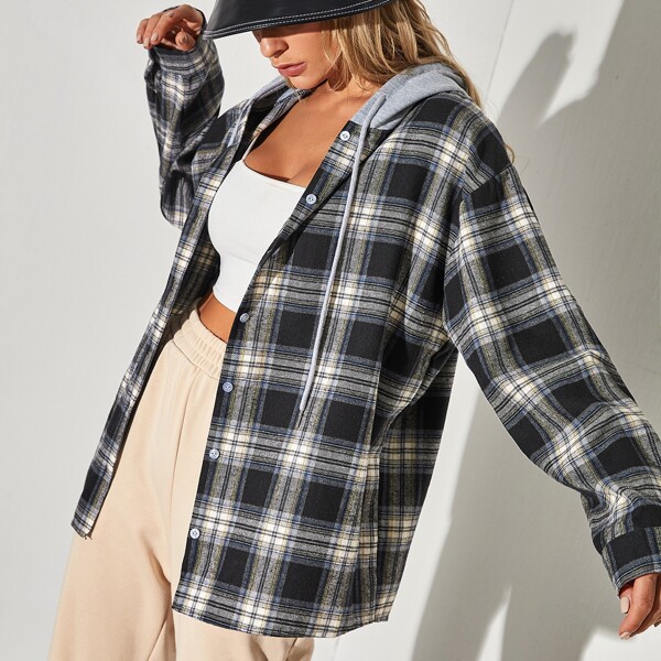 

Plaid Oversized Drop Shoulder Hooded Coat, Multicolor