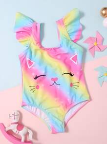 小女童卡通荷葉邊連身泳裝 - 粉色 - 查看 1
