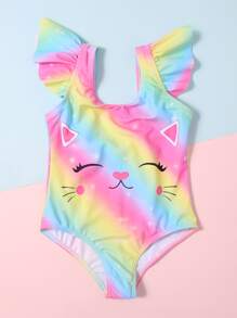 小女童卡通荷葉邊連身泳裝 - 粉色 - 查看 3