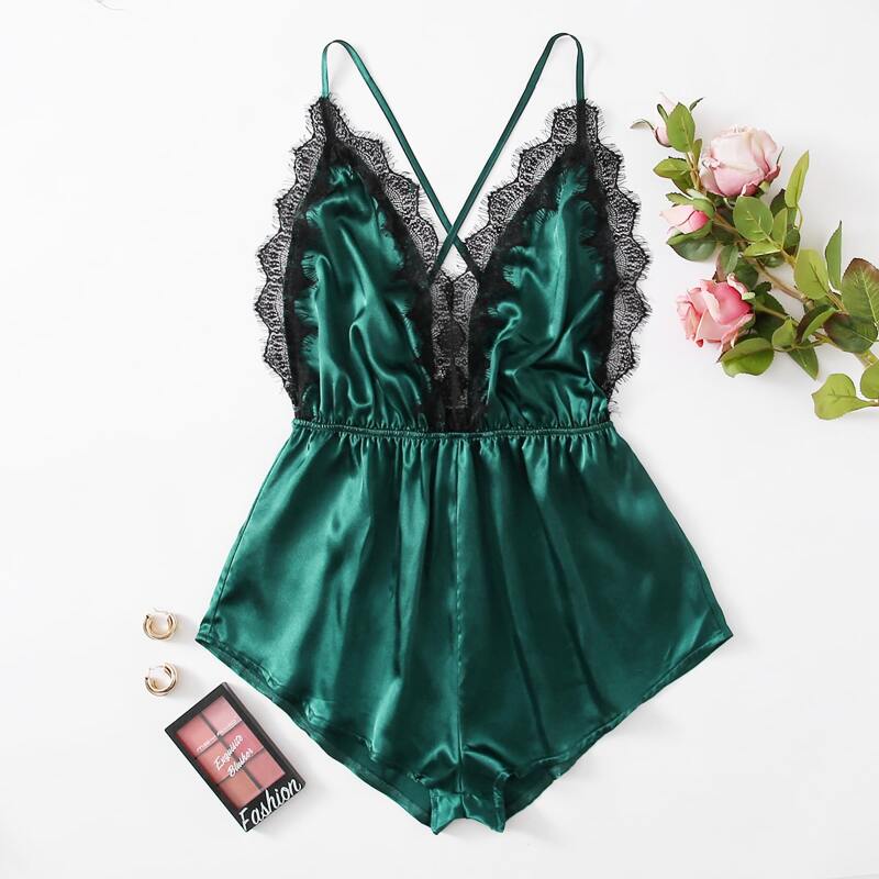 

Satin Lace Trimed Criss Cross Night Romper, Dark green