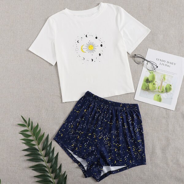 

Galaxy Print Pajama Set, Blue and white