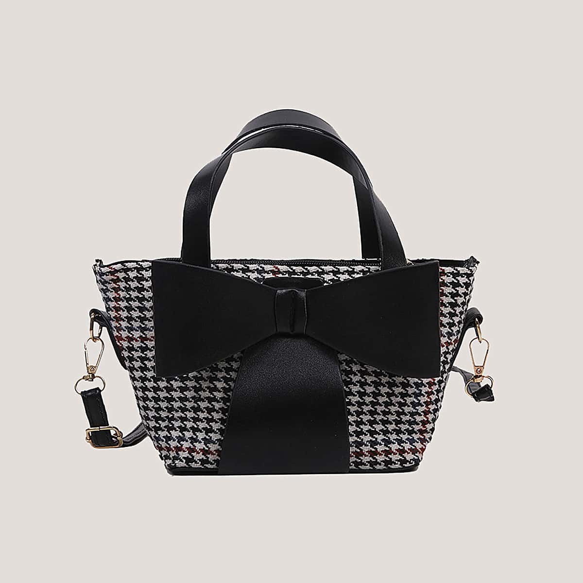 

Oversized Bow Houndstooth Bag, Black