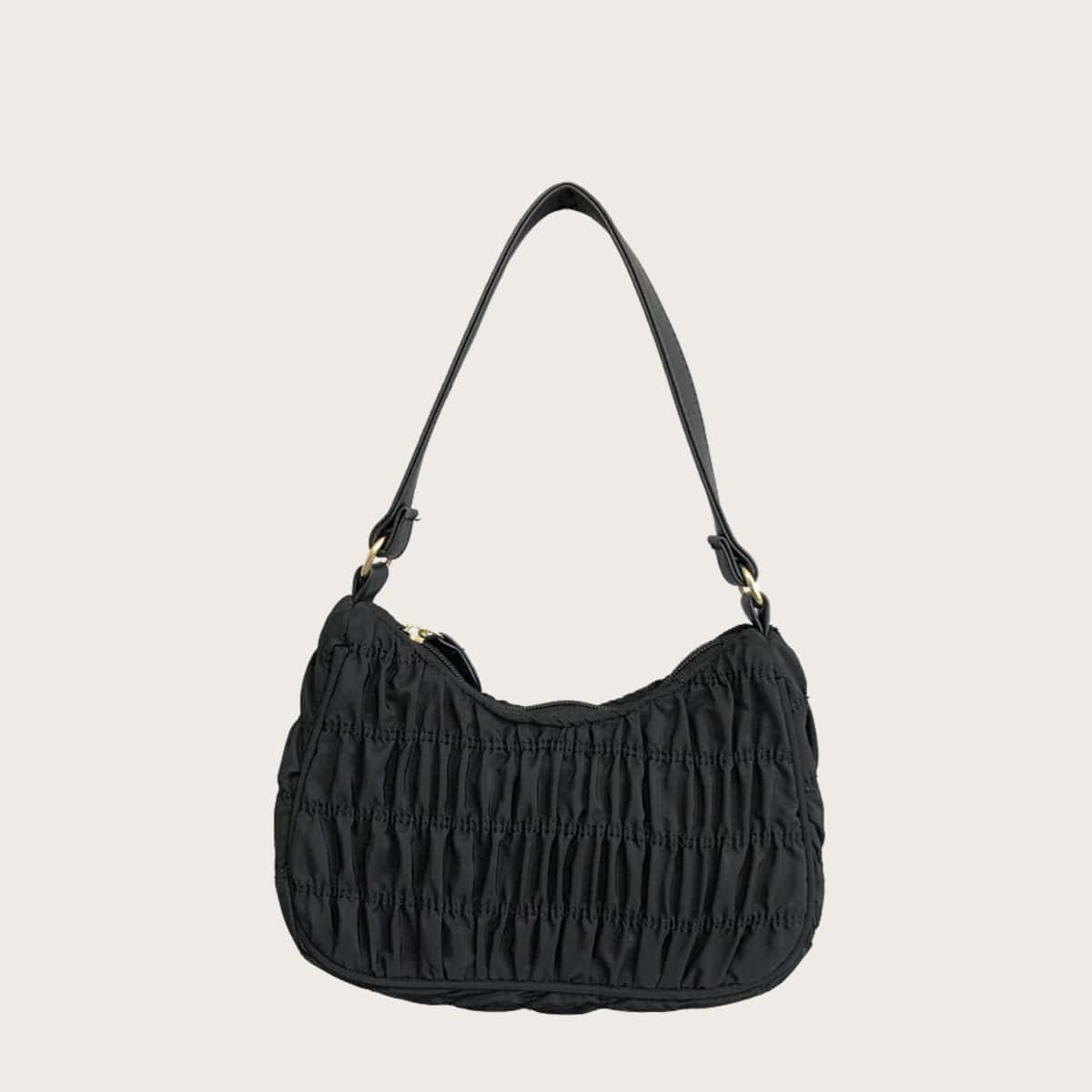 

Solid Ruched Baguette Bag, Black