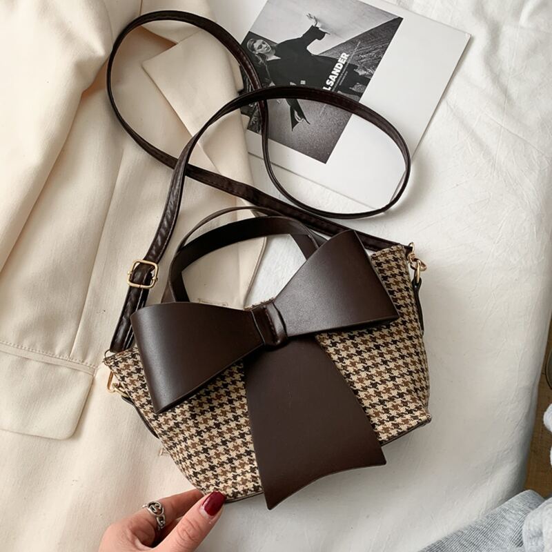 

Oversized Bow Houndstooth Bag, Brown