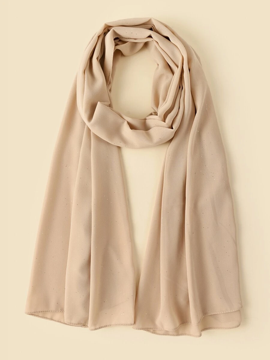 1pc Ladies' Pearl Decor Chiffon Soft Scarf With Gold Foil Print, Suitable For Headscarf For Casual Wear - Khaki - View 1