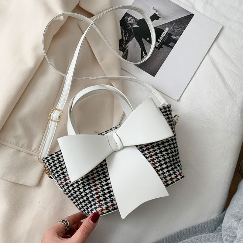 

Oversized Bow Houndstooth Bag, White