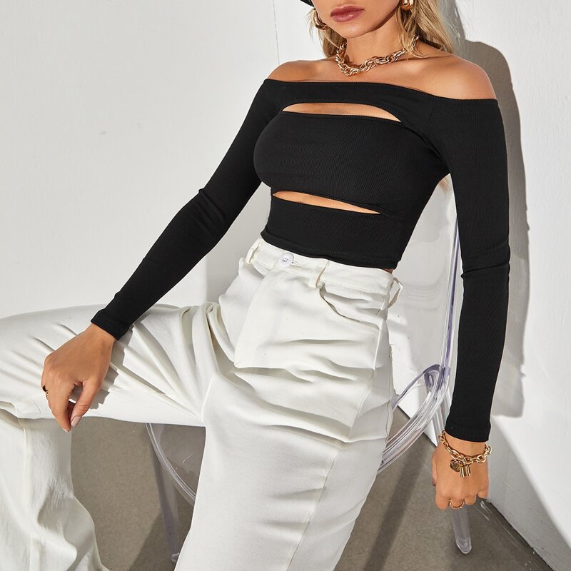 

Peekaboo Front Crop Bardot Top, Black