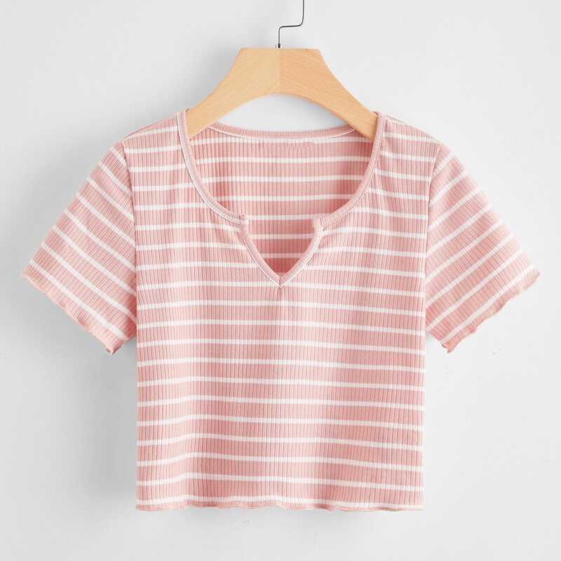 

Notched Neck Crop Striped Tee, Multicolor