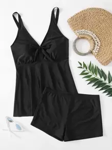 SHEIN Swim Curve Plus Size Plain Knot Front Shorts Tankini Summer Beach - Black - View 1
