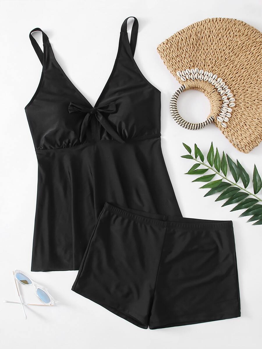 SHEIN Swim Curve Plus Size Plain Knot Front Shorts Tankini Summer Beach - Black - View 1