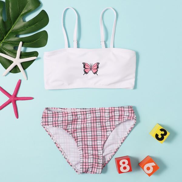 

Girls Plaid & Butterfly Print Bikini Swimsuit, Multicolor
