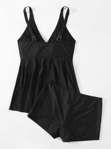 SHEIN Swim Curve Plus Size Plain Knot Front Shorts Tankini Summer Beach - Black - View 2