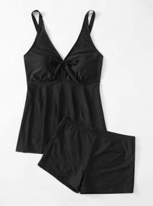 SHEIN Swim Curve Plus Size Plain Knot Front Shorts Tankini Summer Beach - Black - View 4