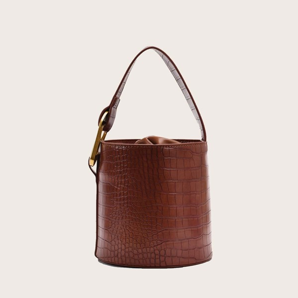 

Drawstring Design Croc Embossed Bucket Bag, Brown