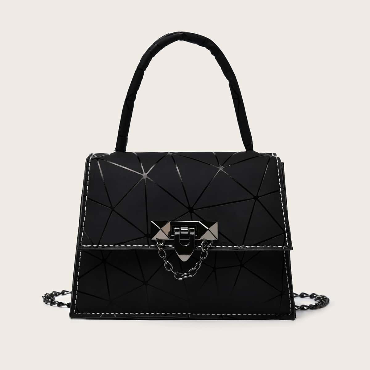 

Geometric Line Satchel Bag, Black