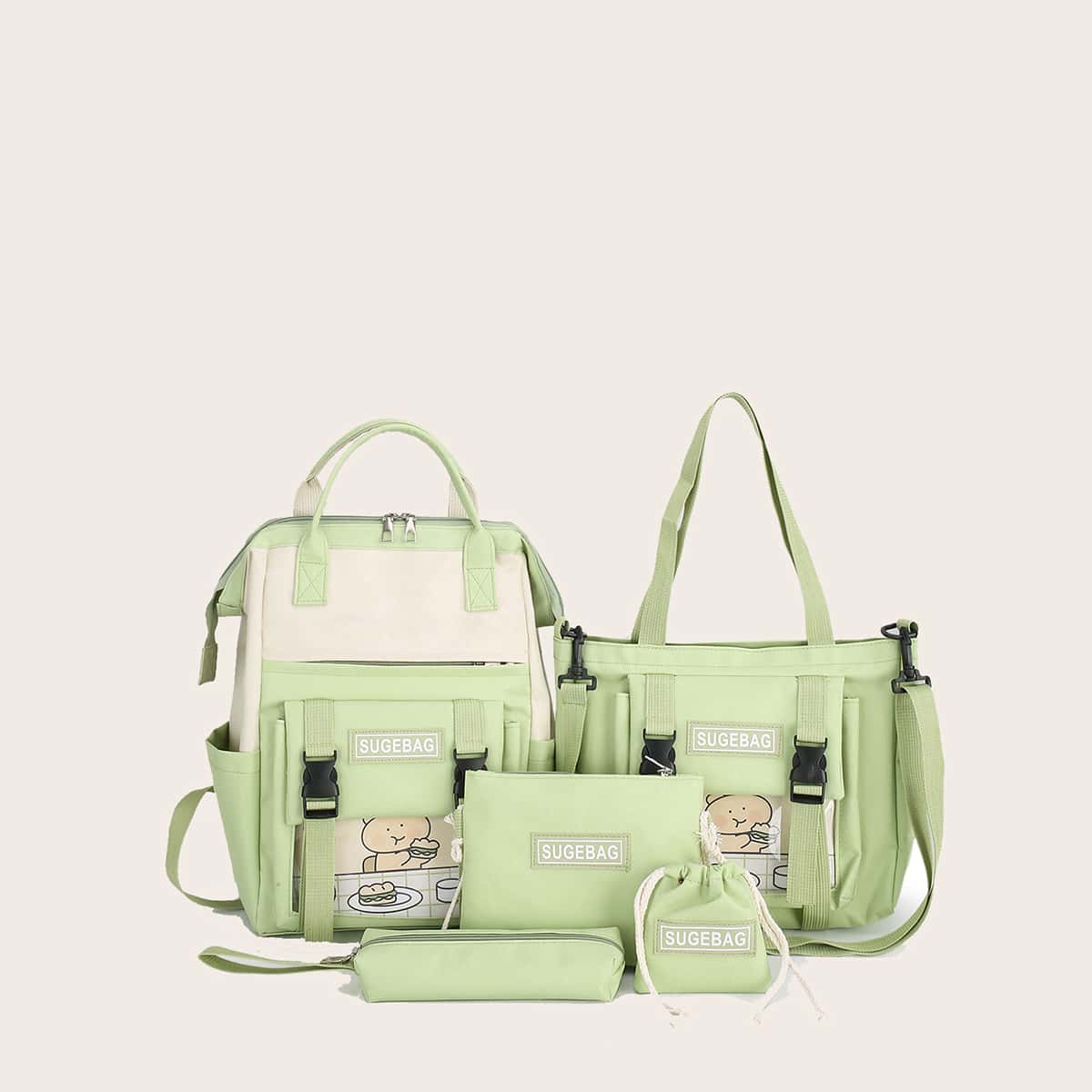

5pcs Letter Patch Cartoon Graphic Backpack Set, Green