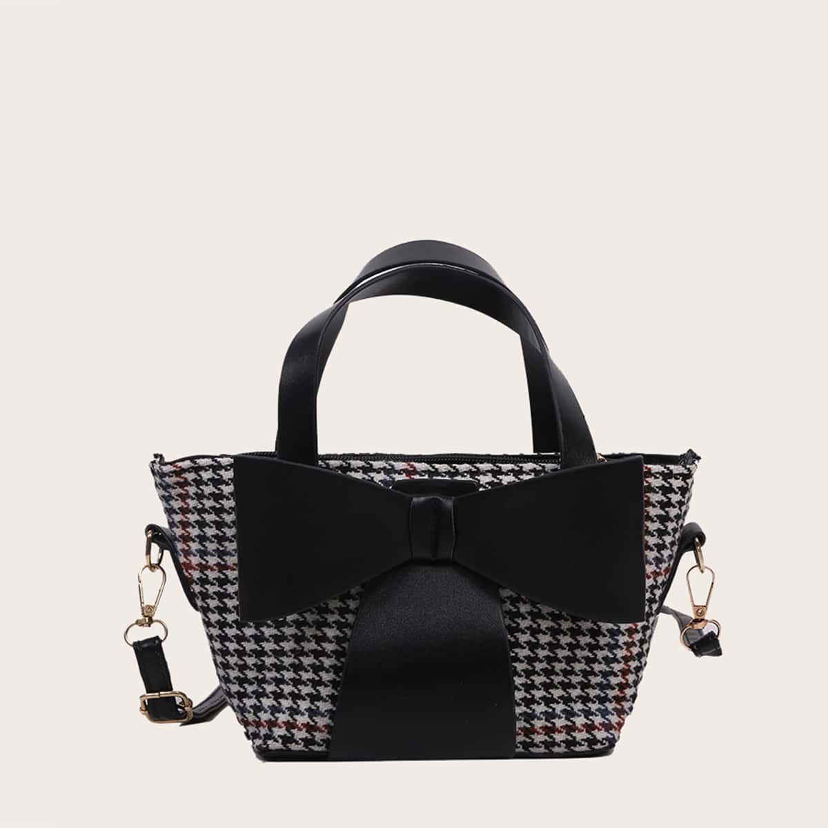 

Oversized Bow Houndstooth Bag, Black