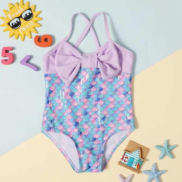 

Toddler Girls Fish Scale Bow Decor One Piece Swimsuit, Multicolor