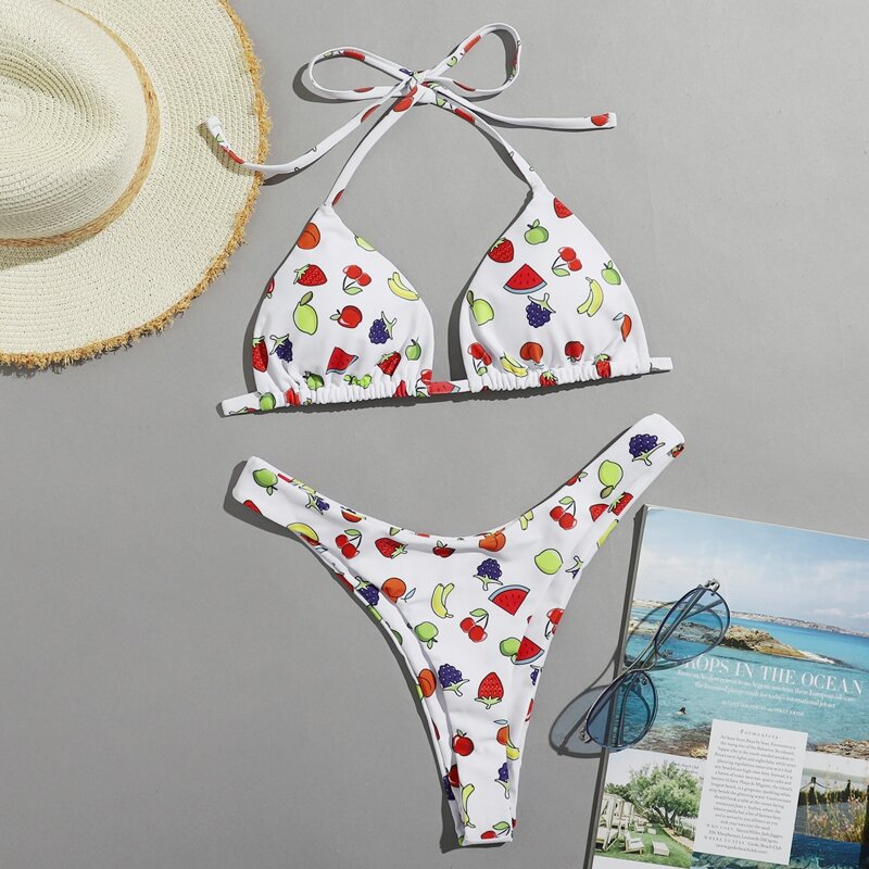 

Fruit Graphic Halter Bikini Swimsuit, Multicolor