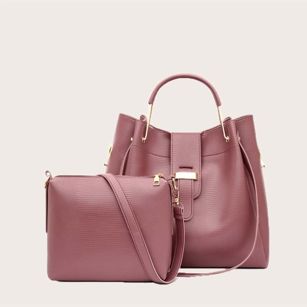 

2pcs Lizard Pattern Top Handle Bag Set, Pink