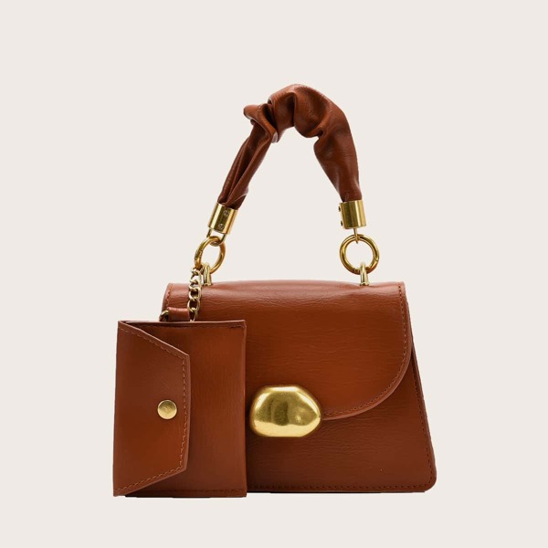 

Metal Lock Flap Satchel Bag With Pouch, Brown