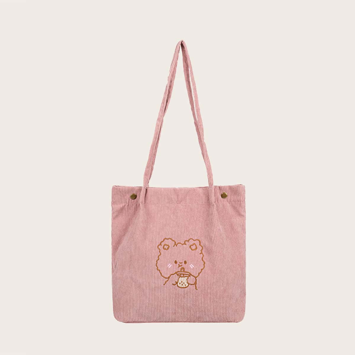 

Cartoon Embroidery Corduroy Tote Bag, Pink