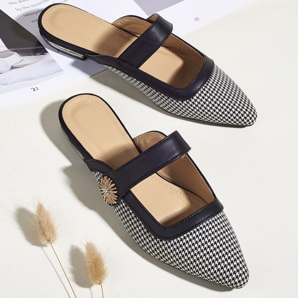 

Rhinestone Decor Houndstooth Pattern Mules, Black
