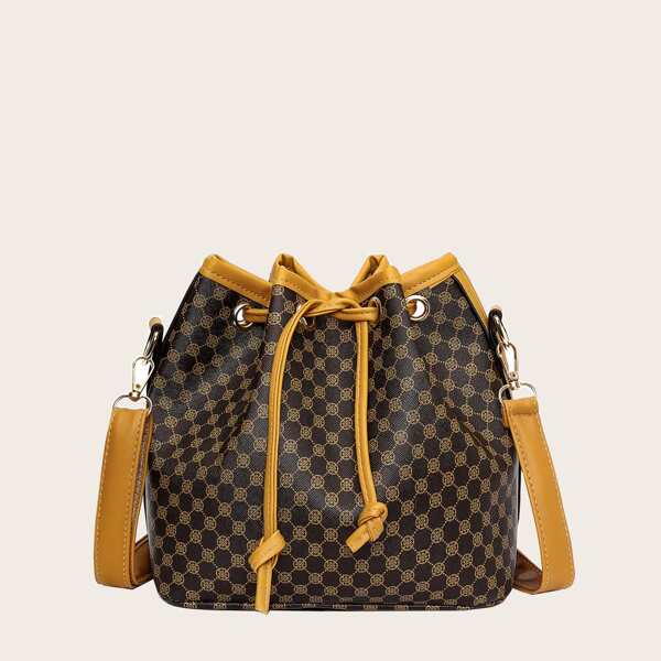 

Drawstring Design Graphic Bucket Bag, Brown