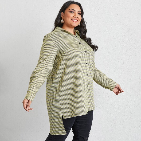 

Plus Plaid Button Front High Low Blouse, Lime green