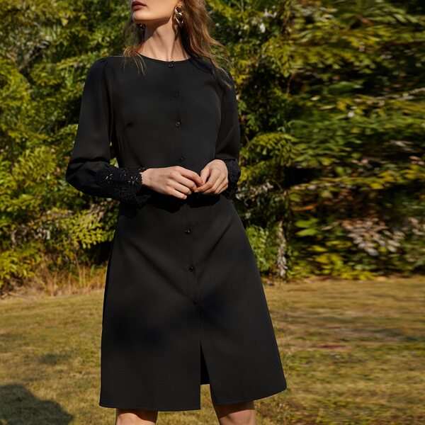 

Button Front Lace Trim Solid Dress, Black
