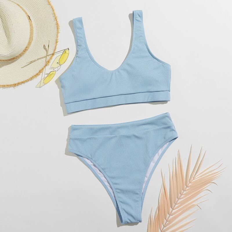 

Solid High Waist Bikini Swimsuit, Baby blue