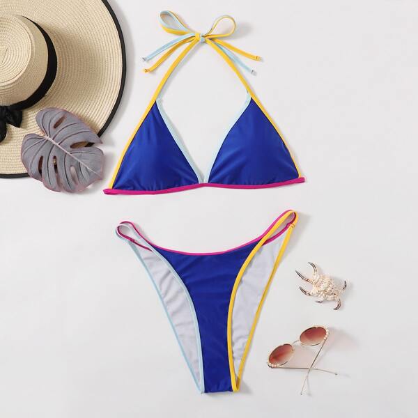 

Plus Contrast Binding Triangle Thong Bikini Swimsuit, Blue