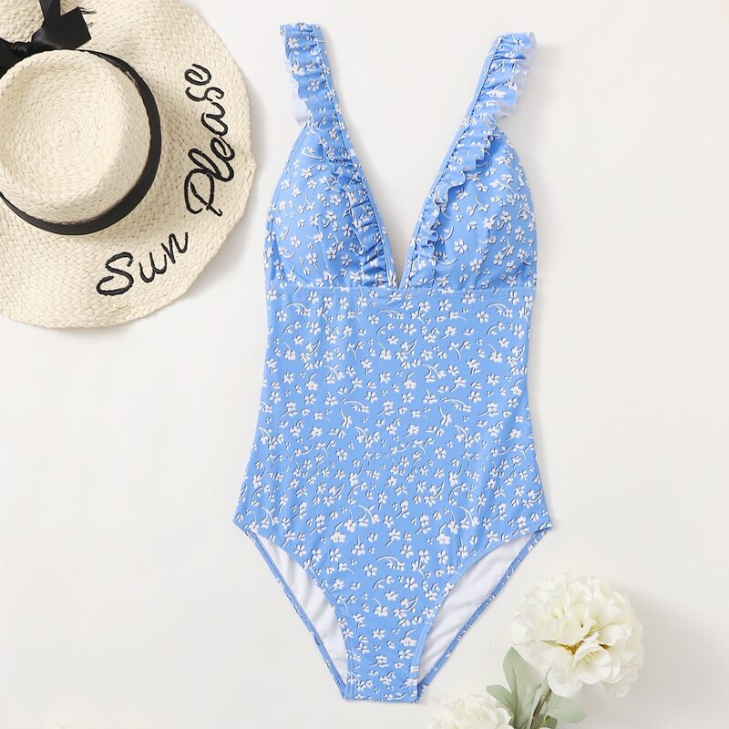 

Ditsy Flower Ruffle Hem One Piece Swimsuit, Baby blue