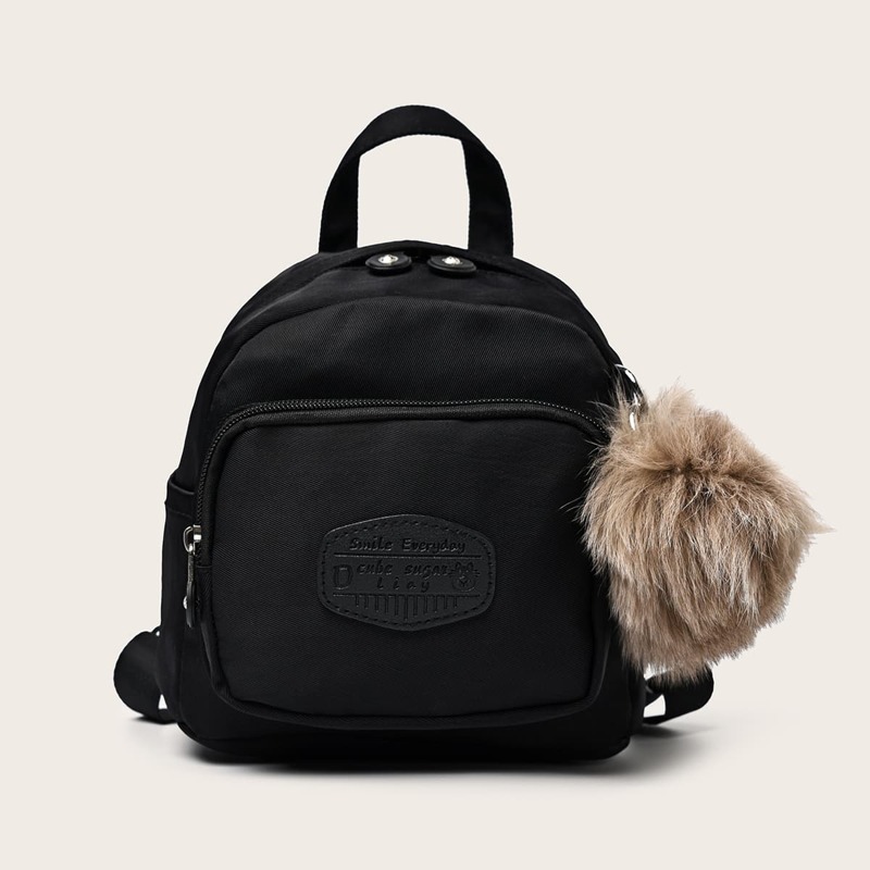 

Letter Patch Pom Pom Backpack, Black
