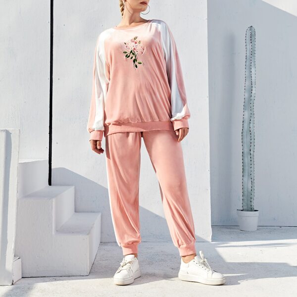 

Plus Floral Embroidered Colorblock Pullover & Joggers Set, Multicolor