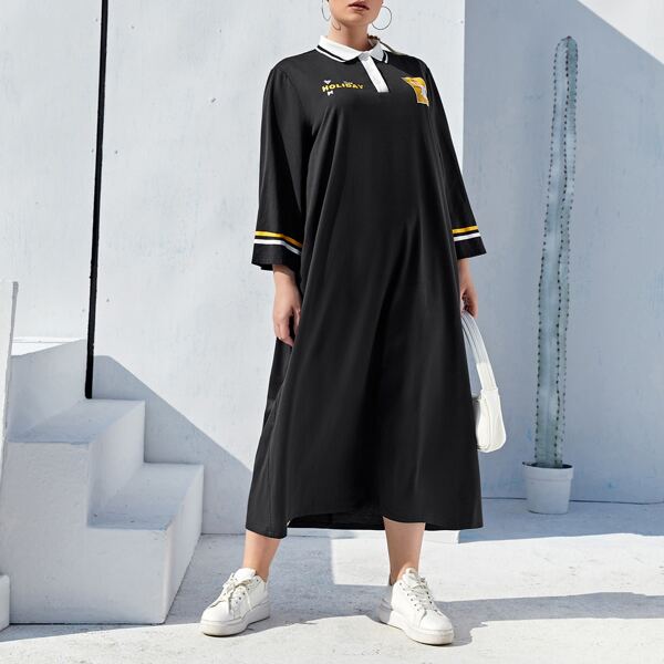 

Plus Letter Graphic Stripe Polo Dress, Black