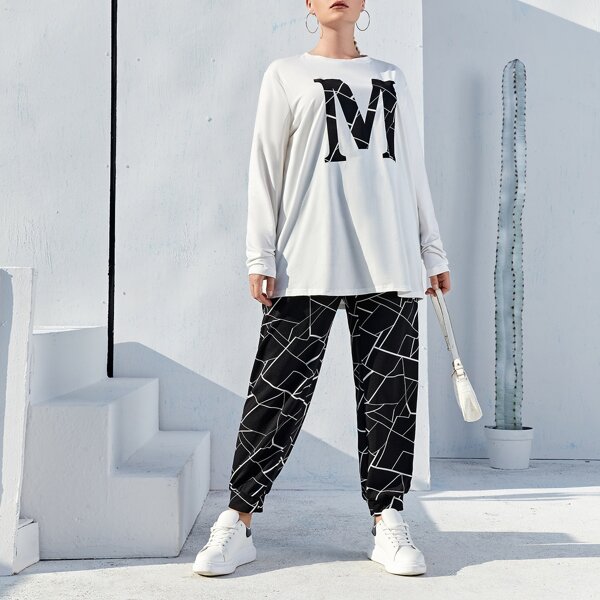 

Plus Letter Graphic Top & Geo Joggers Set, Black and white