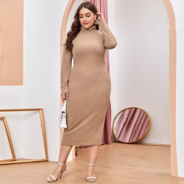 

Plus Funnel Neck Rib-knit Bodycon Dress, Khaki