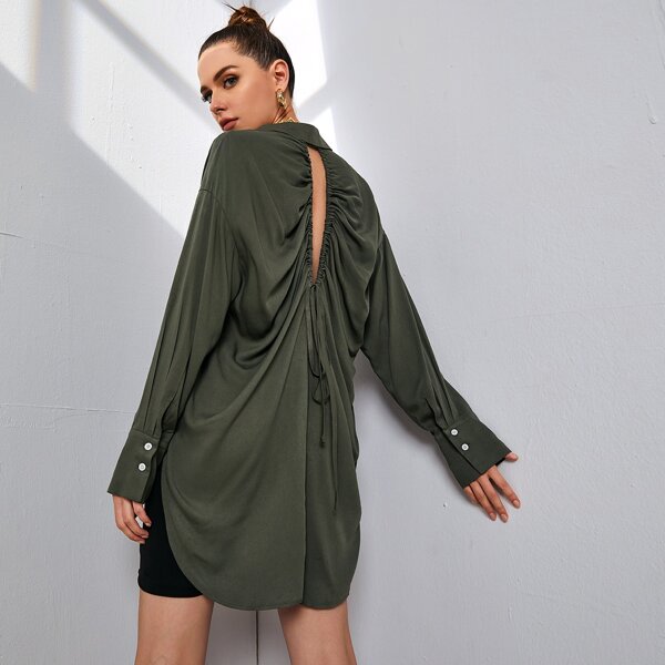 

Ruched Knot Cut-out Back High Low Longline Blouse, Army green