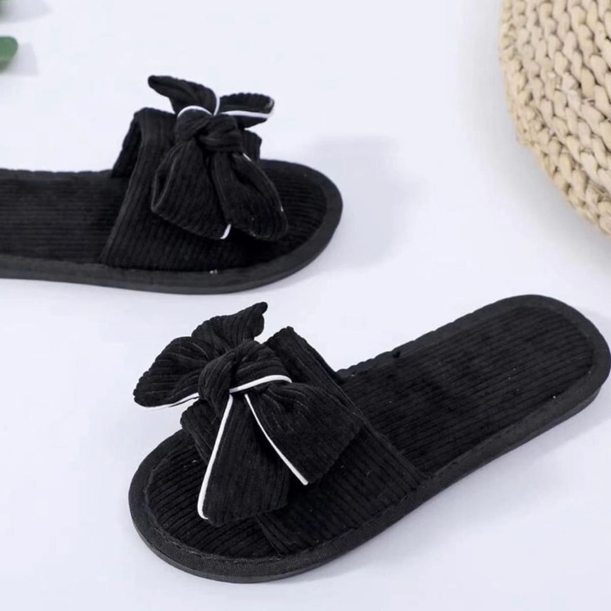 

Bow Knot Corduroy Slippers, Black