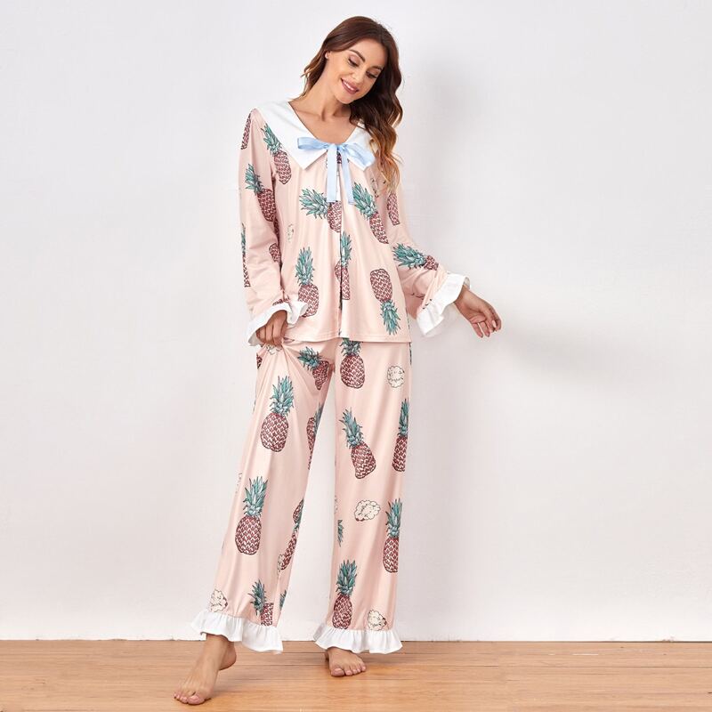 

Tie Front Ruffle Trim Pineapple Top & Pants PJ Set, Multicolor