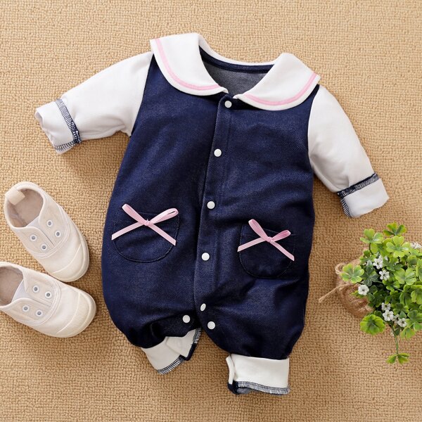 

Baby Girl Peter Pan Collar Double Bow Jumpsuit, Blue and white