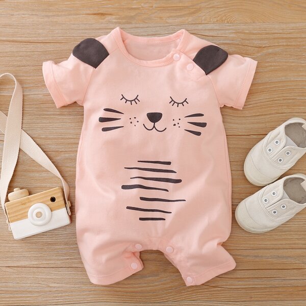

Baby Girl 3D Ear Design Cartoon Graphic Romper, Baby pink