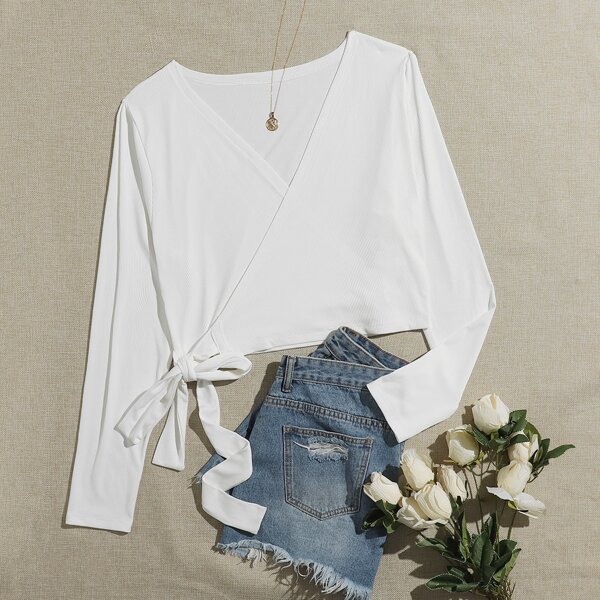 

Plus Tie Front Crop Wrap Top, White