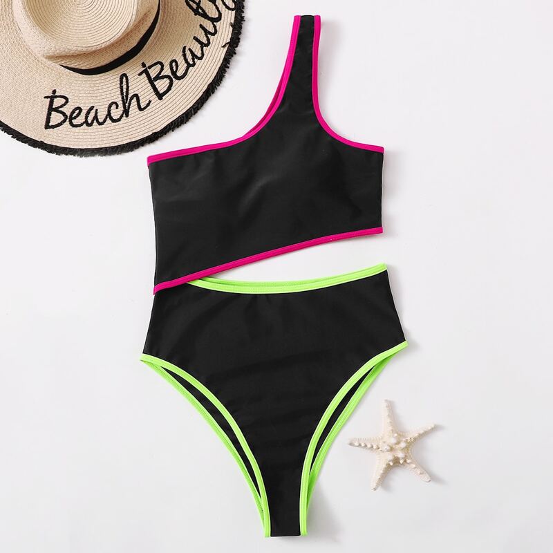 

Contrast Binding Cut-out One Piece Swimsuit, Multicolor