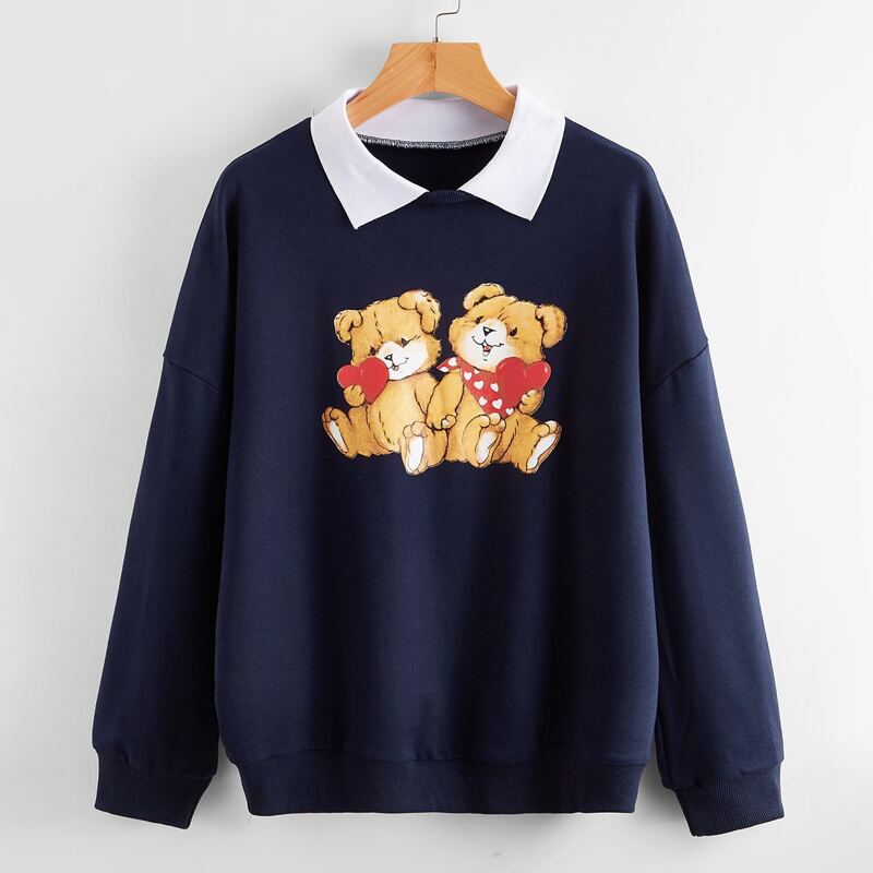 

Bear Graphic Contrast Collar Oversized Sweatshirt, Navy blue