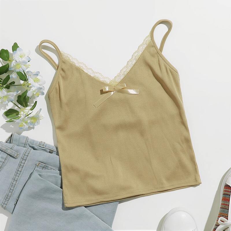 

Solid Contrast Lace Bow Cami, Khaki