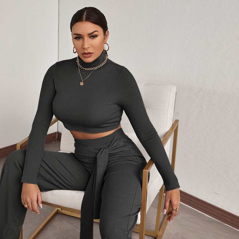 

High Neck Crop Slim Tee, Dark grey