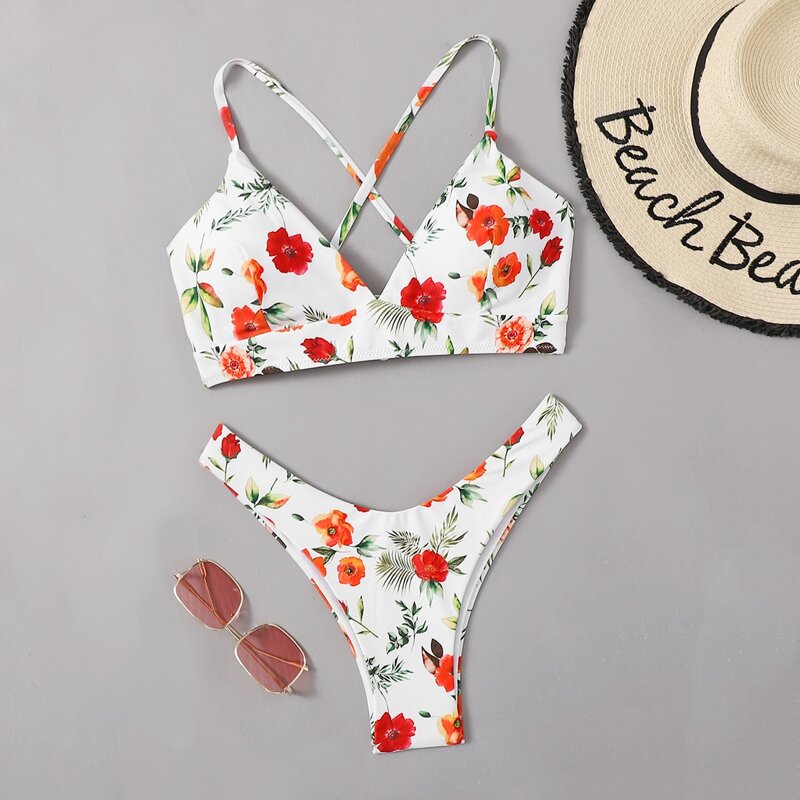 

Flower Criss Cross Bikini Swimsuit, White