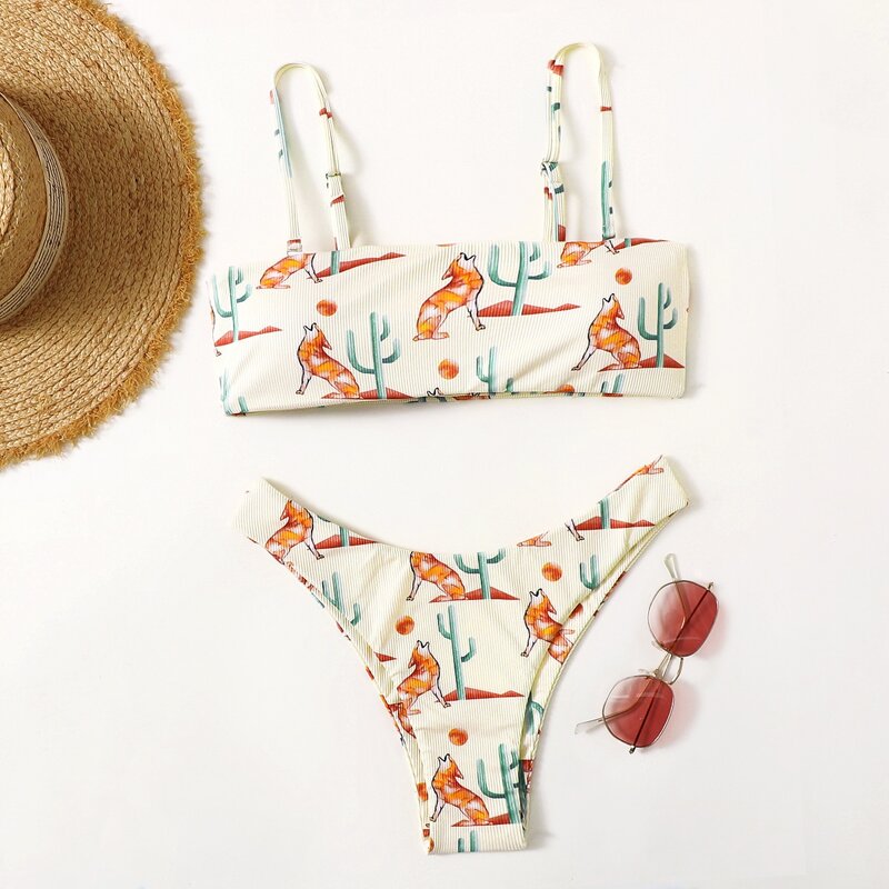

Dog Graphic Bikini Swimsuit, Beige